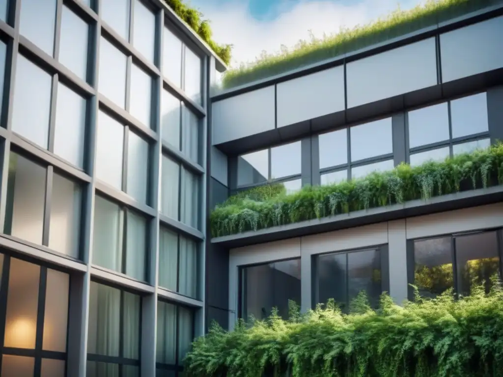 Arquitectura Sostenible: Edificio Moderno en Armonía con la Naturaleza Un edificio sostenible con ventilación natural, rodeado de vegetación y luz natural
