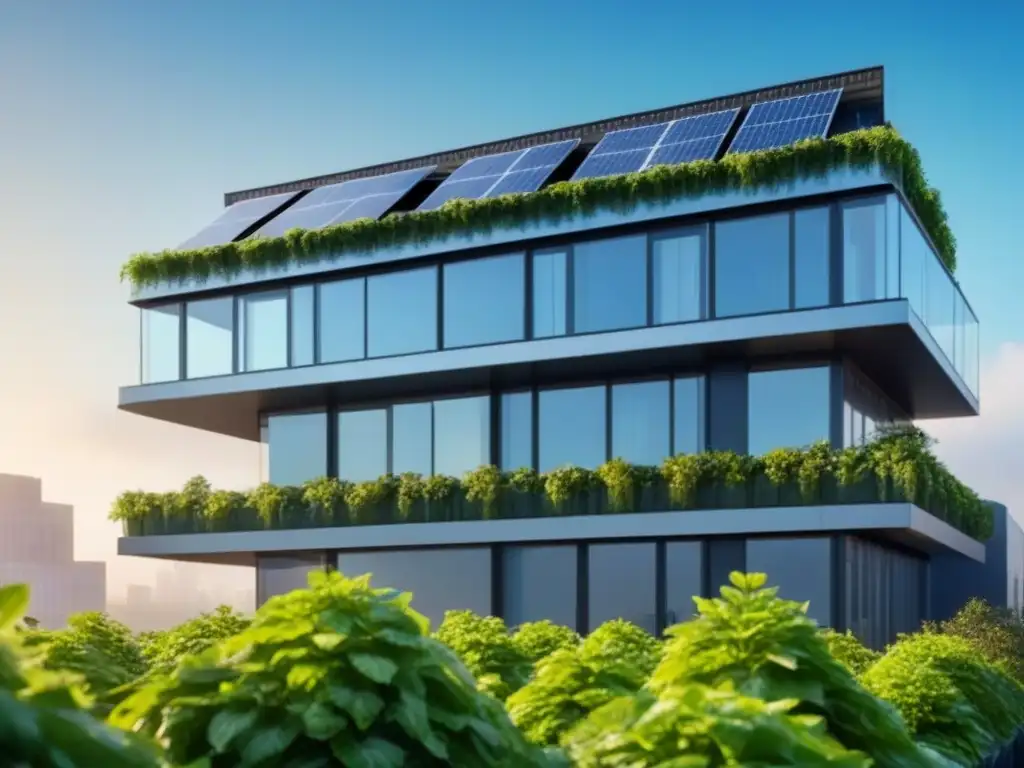 Edificio sostenible: diseño arquitectónico innovador Edificio sostenible con paneles solares, paredes verdes y diseño moderno