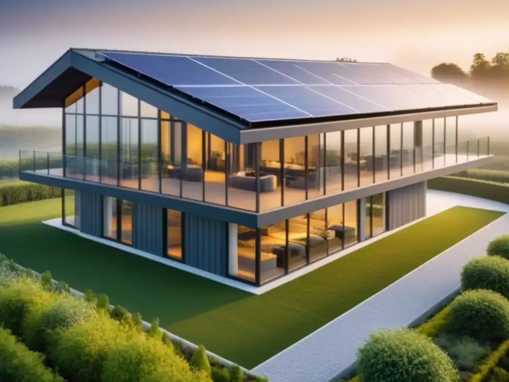 Edificio sostenible con paneles solares integrados Edificio sostenible con paneles solares integrados, mostrando beneficios de la energía solar en construcción verde
