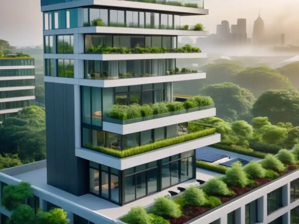 Edificio sostenible en ciudad vibrante: modernidad ecoamigable Edificio sostenible con paneles solares, vegetación y certificación LEED