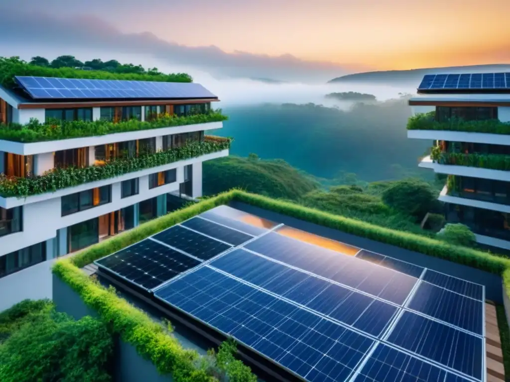 Complejo eco-sostenible: diseño moderno y verde 8k Edificio sostenible con paneles solares, jardines verticales y normativas ambientales en proyectos inmobiliarios