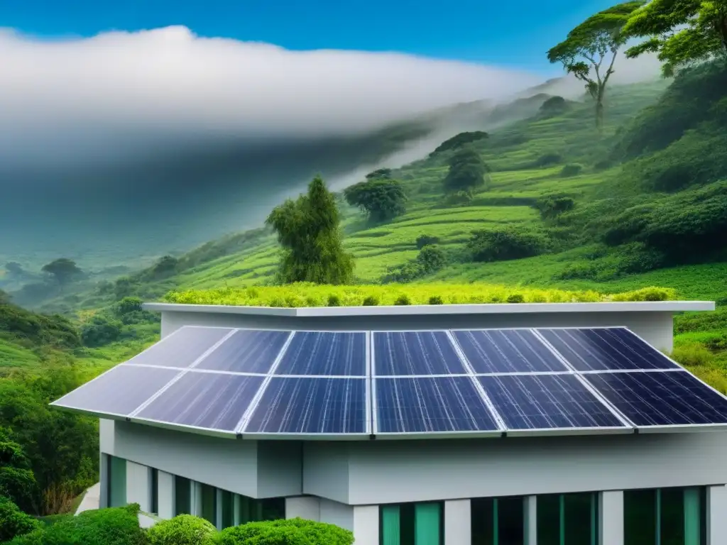 Edificio sostenible: armonía eco-friendly con la naturaleza Edificio sostenible con paneles solares, jardín en el techo y paredes verdes, en armonía con la naturaleza