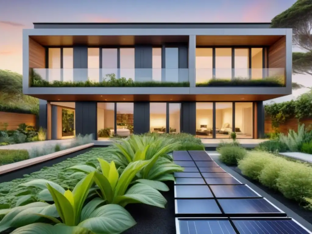 Edificio sustentable: arquitectura eco en armonía con la naturaleza Un edificio sostenible rodeado de vegetación con certificaciones verdes mercado inmobiliario