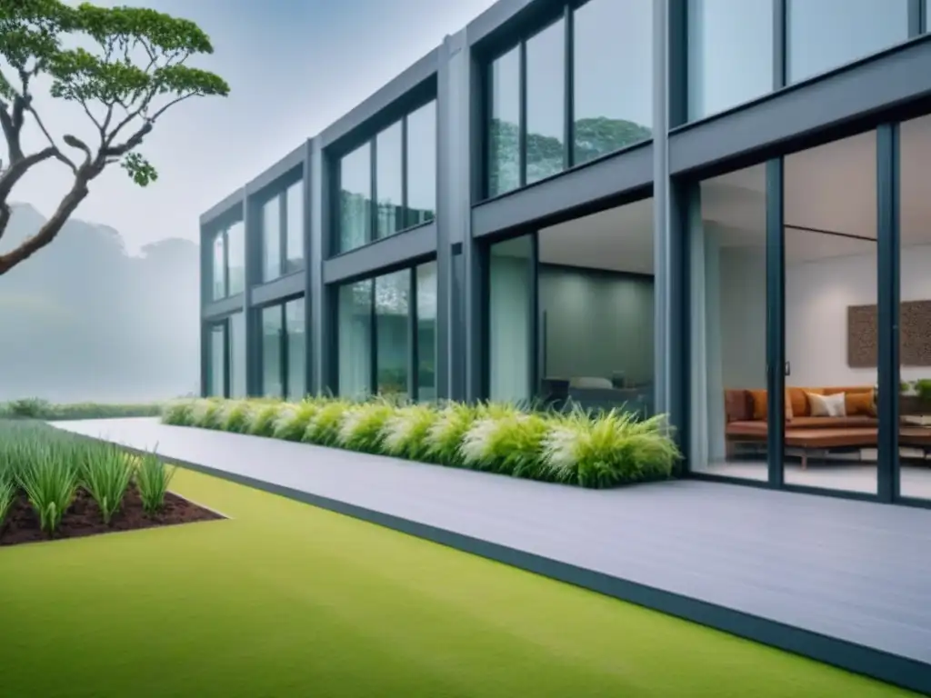 Edificio comercial sostenible: diseño moderno en armonía con la naturaleza Edificio sostenible rodeado de naturaleza, con diseño moderno y paneles solares en el techo