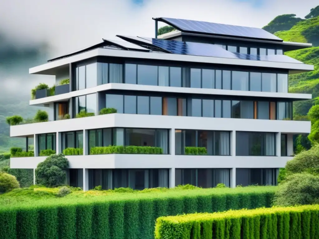 Arquitectura sostenible: Edificio moderno rodeado de naturaleza exuberante Edificio sostenible rodeado de naturaleza, con paneles solares y sistema de recolección de agua