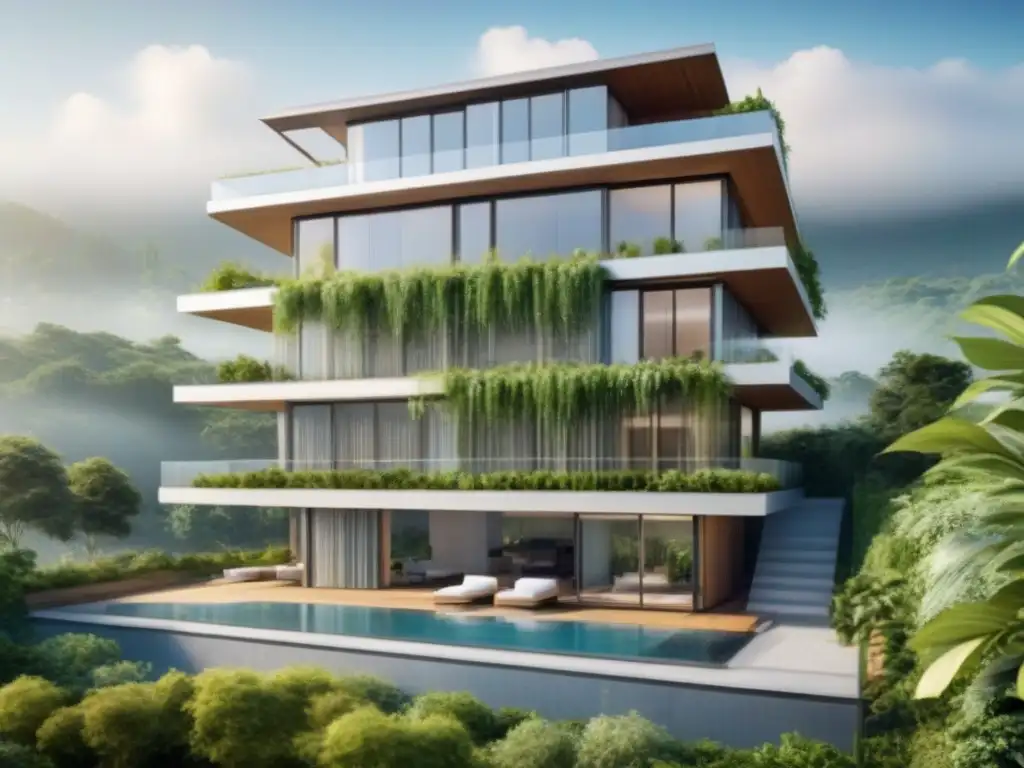 Edificio sostenible en armonía con la naturaleza Un edificio sostenible rodeado de vegetación, con paneles solares y jardín en la azotea
