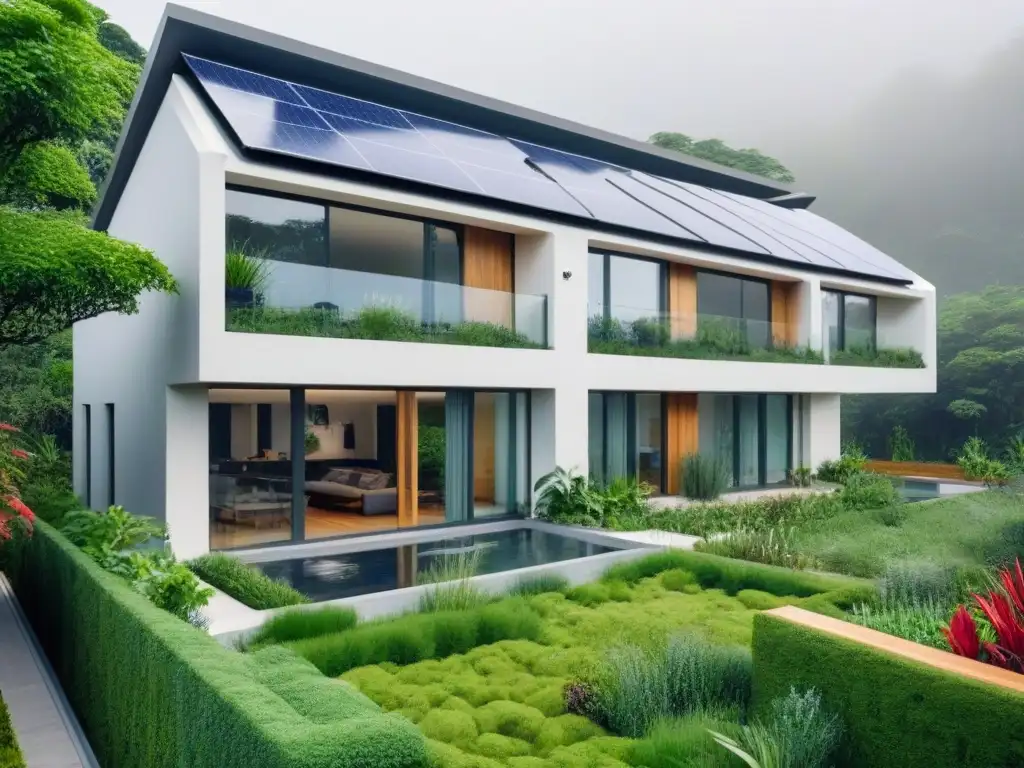 Edificio sostenible con energía solar y jardín ecológico Edificio sostenible rodeado de vegetación, con paneles solares y sistema de recolección de agua