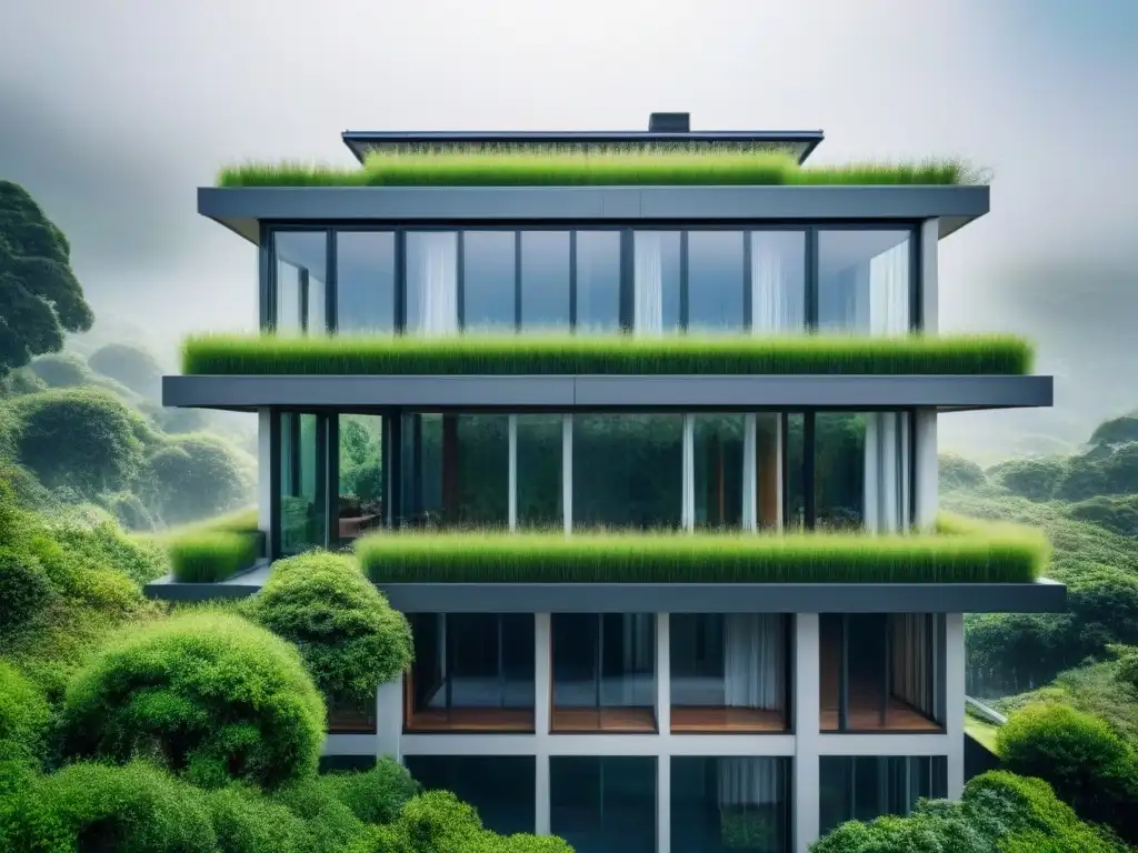 Edificio sostenible con diseño innovador y ecoamigable Edificio sostenible rodeado de vegetación, paneles solares y sistema de recolección de agua