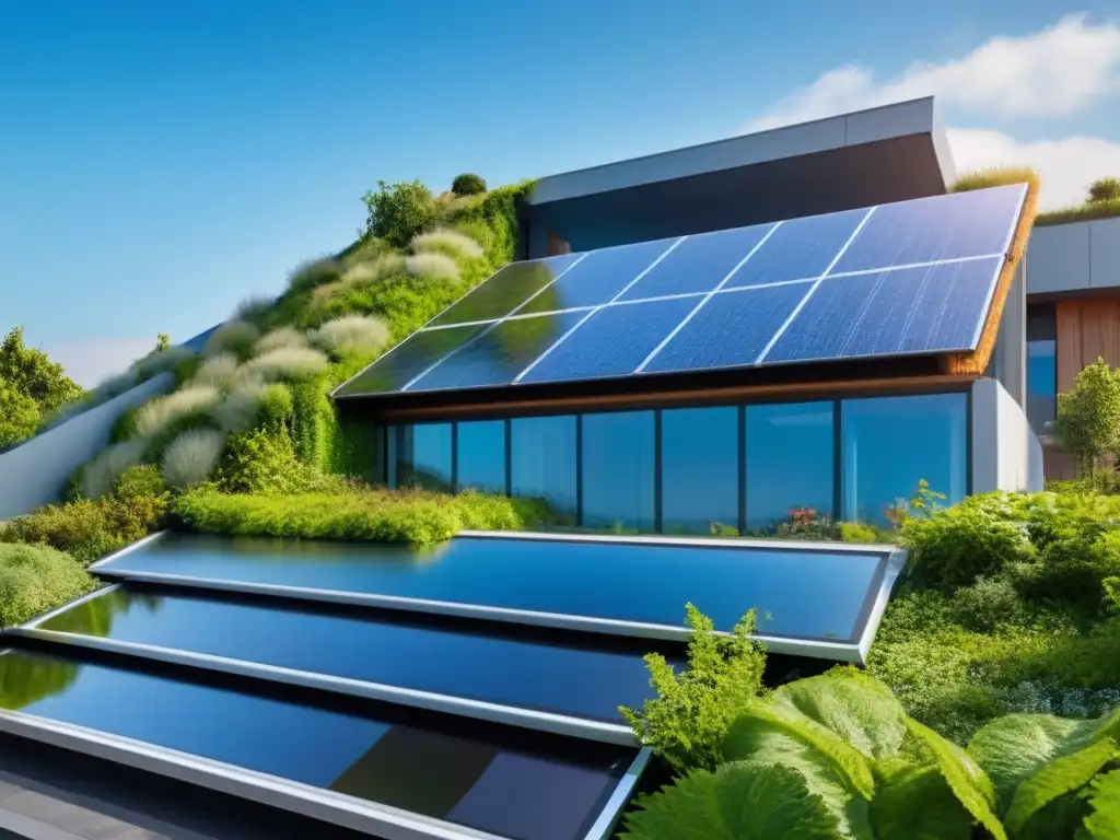 Edificio sostenible: armonía entre modernidad y naturaleza Edificio sostenible rodeado de vegetación, paneles solares brillando en el techo, bajo un cielo azul
