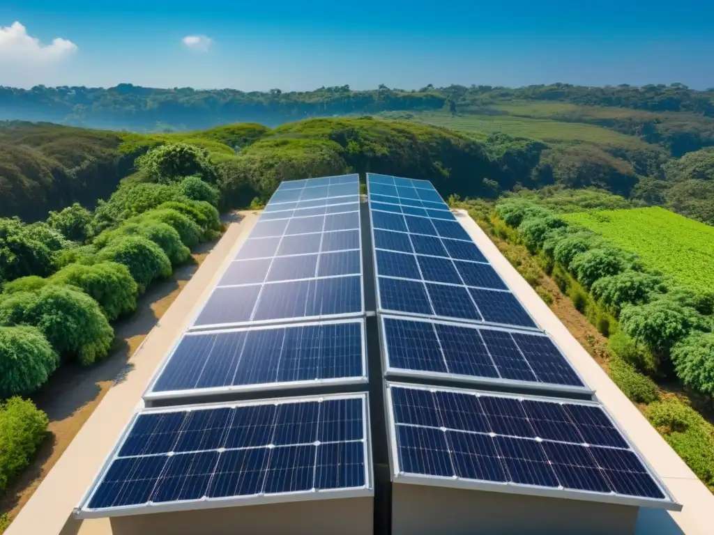 Ecoedificio sostenible: integración verde Edificio sostenible rodeado de vegetación, paneles solares brillantes bajo el sol, cumpliendo con regulaciones ambientales restauración inmobiliaria