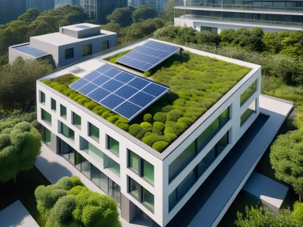 Edificio sostenible: oasis verde en la ciudad moderna Edificio sostenible con techos verdes, paneles solares y prácticas construcción sostenible ecoresponsable en entorno urbano