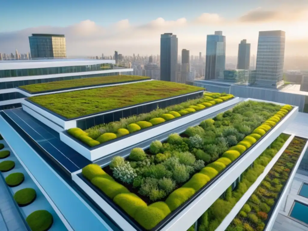 Edificio sostenible con jardines en azotea: armonía eco Un edificio sostenible con techos verdes, integrando naturaleza y arquitectura