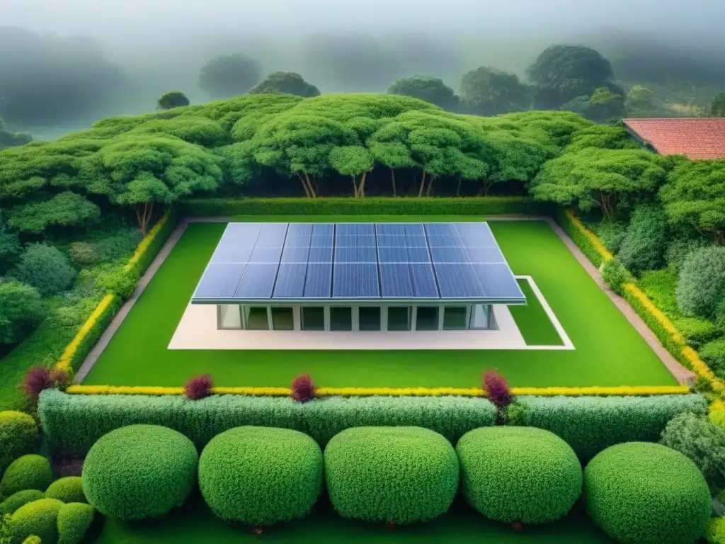 Edificio sostenible: diseño moderno en armonía con la naturaleza Un edificio sostenible con techos verdes, paneles solares y jardín, destacando la valoración de propiedades con certificaciones verdes
