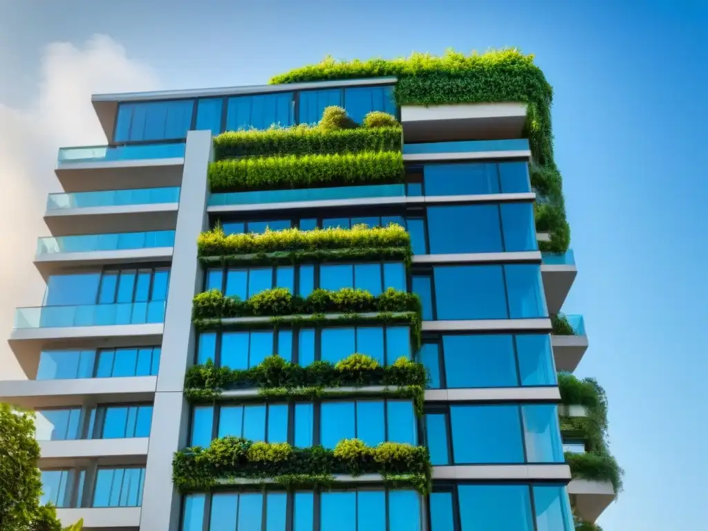 Edificio sostenible: fusión perfecta de naturaleza y urbanismo Edificio sostenible con vegetación integrada, reflejando la ética en inversión inmobiliaria sostenible