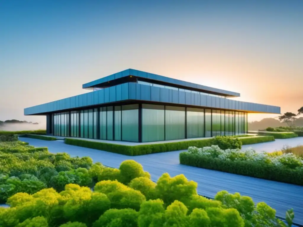Ecoedificio moderno con certificación verde y paneles solares Edificio sostenible con certificación verde para propiedades, rodeado de naturaleza y cielos despejados
