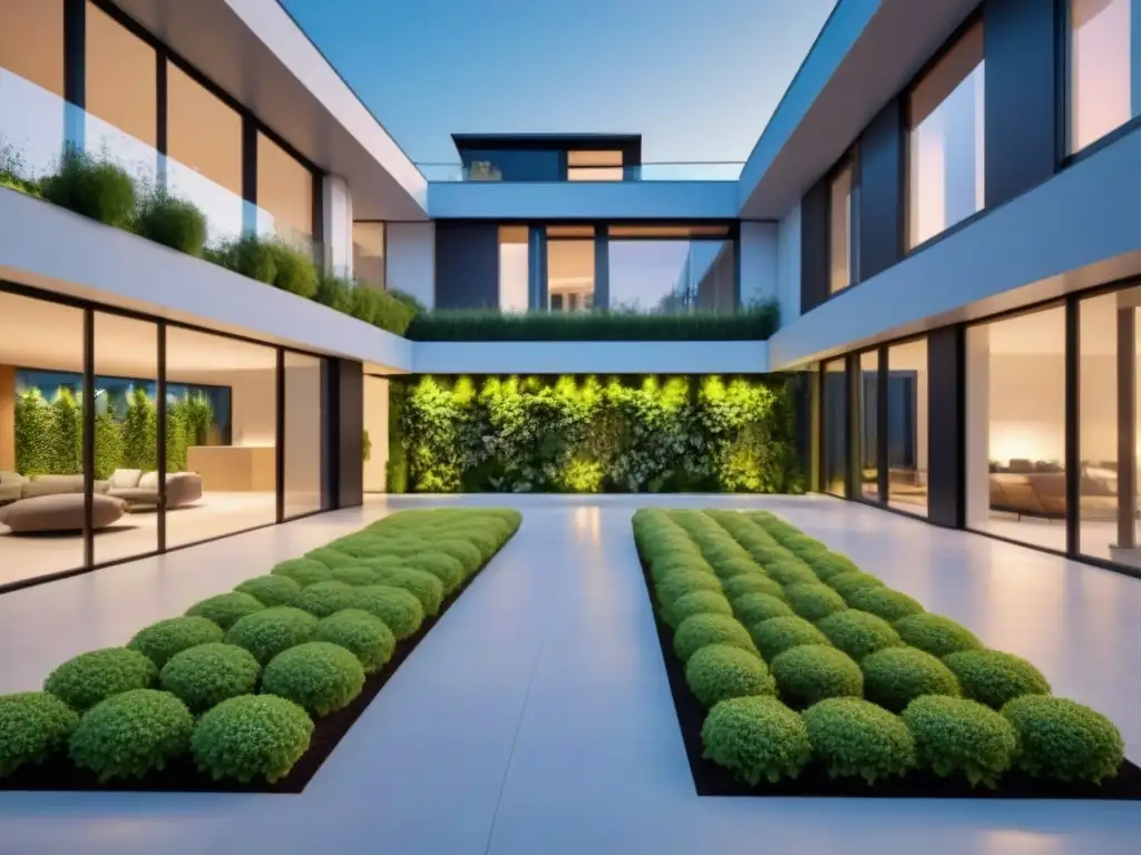 Edificio sostenible futurista: tecnología domótica y naturaleza Edificio sustentable futurista con domótica integrada y jardines verticales