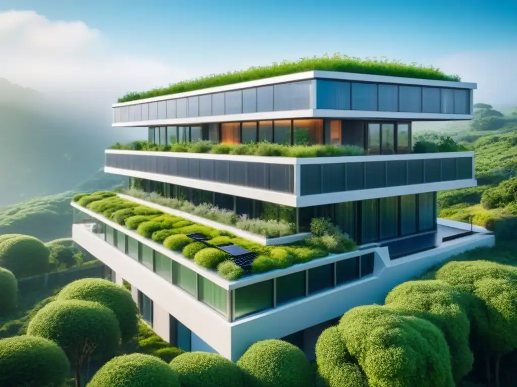 Edificio sostenible del futuro: diseño eco-friendly en armonía con la naturaleza Edificio sustentable con techos verdes y paneles solares, integrando naturaleza y arquitectura moderna