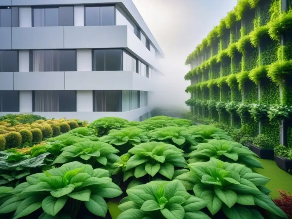 Edificio futurista sostenible con tecnologías verdes innovadoras Edificio sustentable con tecnologías verdes, solar, techos verdes y fachadas de vidrio eficiente, rodeado de vegetación