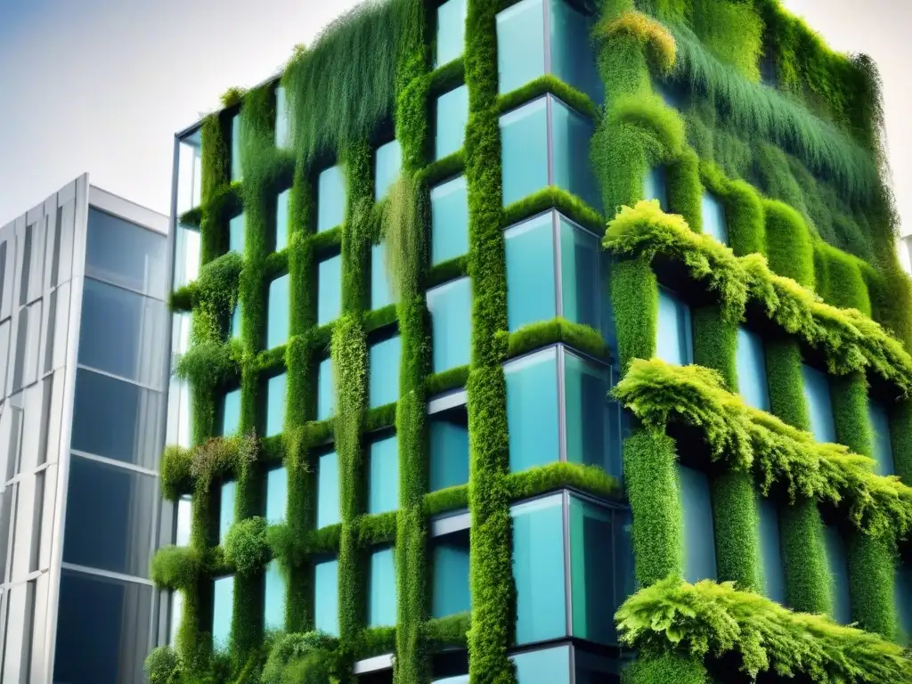 Edificio urbano cubierto de jardines verticales exuberantes y modernos Edificio urbano moderno cubierto por exuberantes jardines verticales, resaltando los beneficios de la naturaleza en entornos urbanos