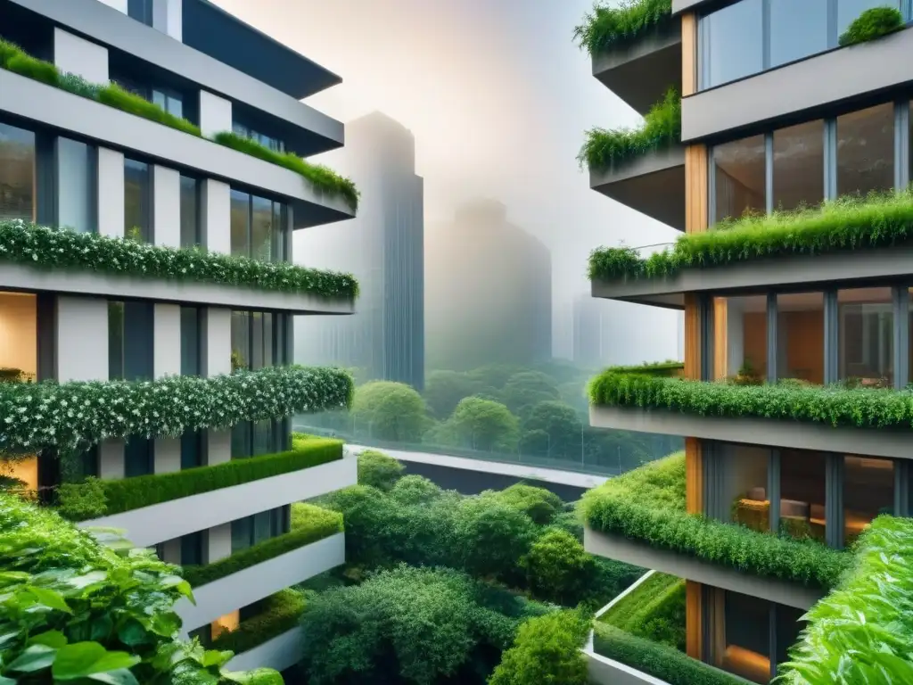 Edificio urbano moderno fusionado con la naturaleza en 8K Edificio urbano moderno integrando naturaleza