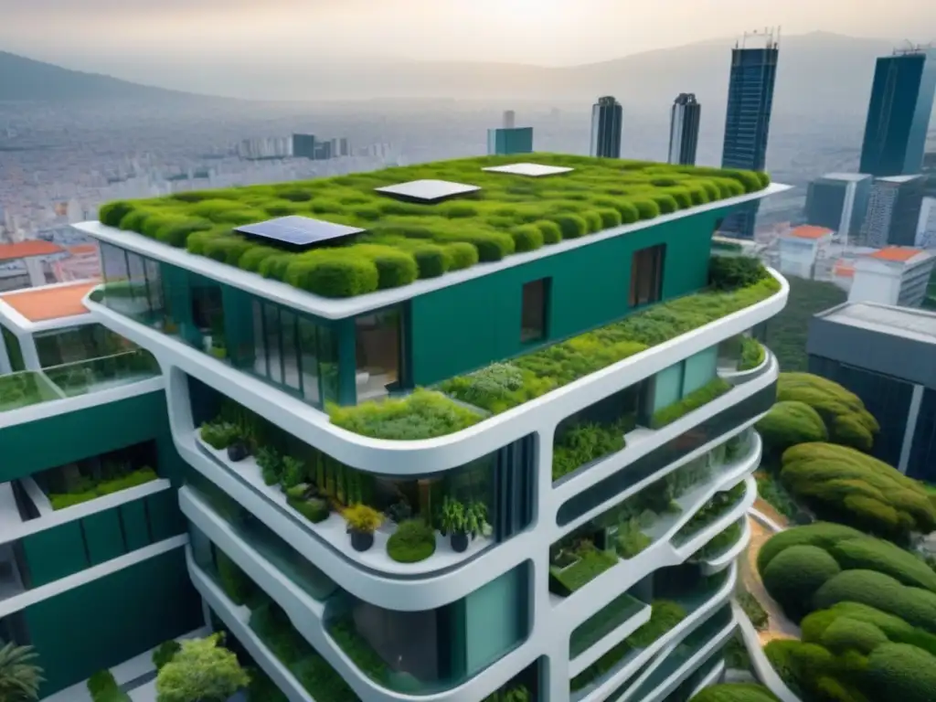 Edificio verde futurista en CDMX: tecnologías sostenibles y diseño moderno Edificio verde futurista en Ciudad de México con tecnologías verdes, diseño moderno y jardines verticales exuberantes