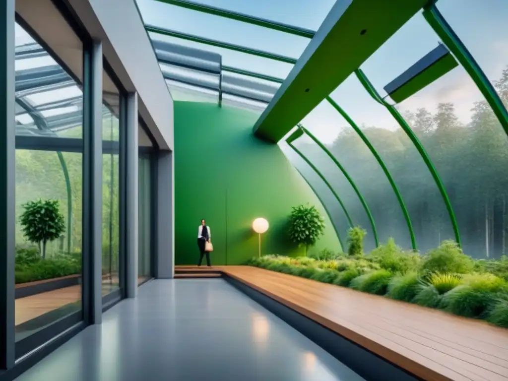 Edificio verde futurista: sostenibilidad y tecnología Un edificio verde futurista con energías renovables y gestión de residuos inteligente, reducir residuos construcción estrategias