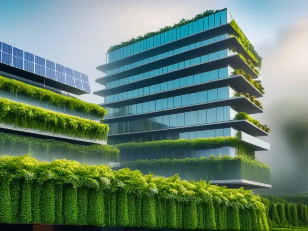 Edificio verde futurista: sostenibilidad urbana Edificio verde futurista con tecnología sostenible en la ciudad