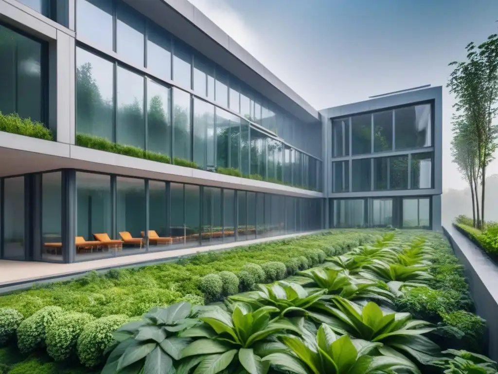 Edificio verde futurista en armonía con la naturaleza Edificio verde integrado con naturaleza, arquitectura moderna y elementos naturales en armonía