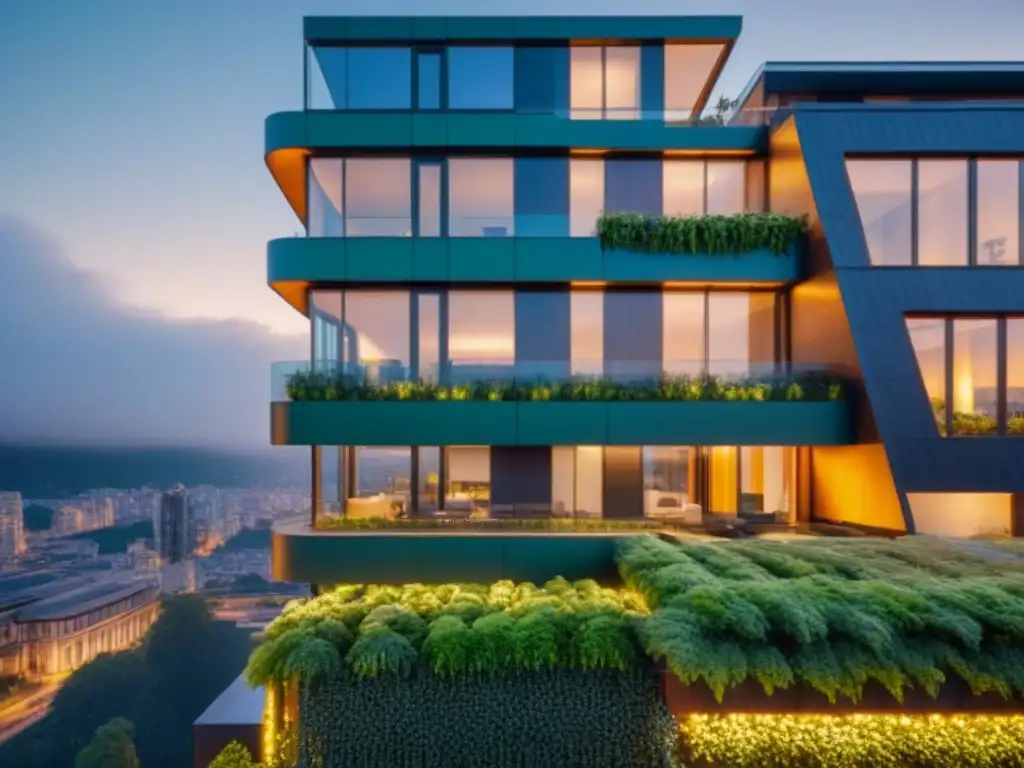 Edificio verde al atardecer: arquitectura sostenible y moderna Edificio verde moderno al anochecer con luces LED, muros verdes y paneles solares