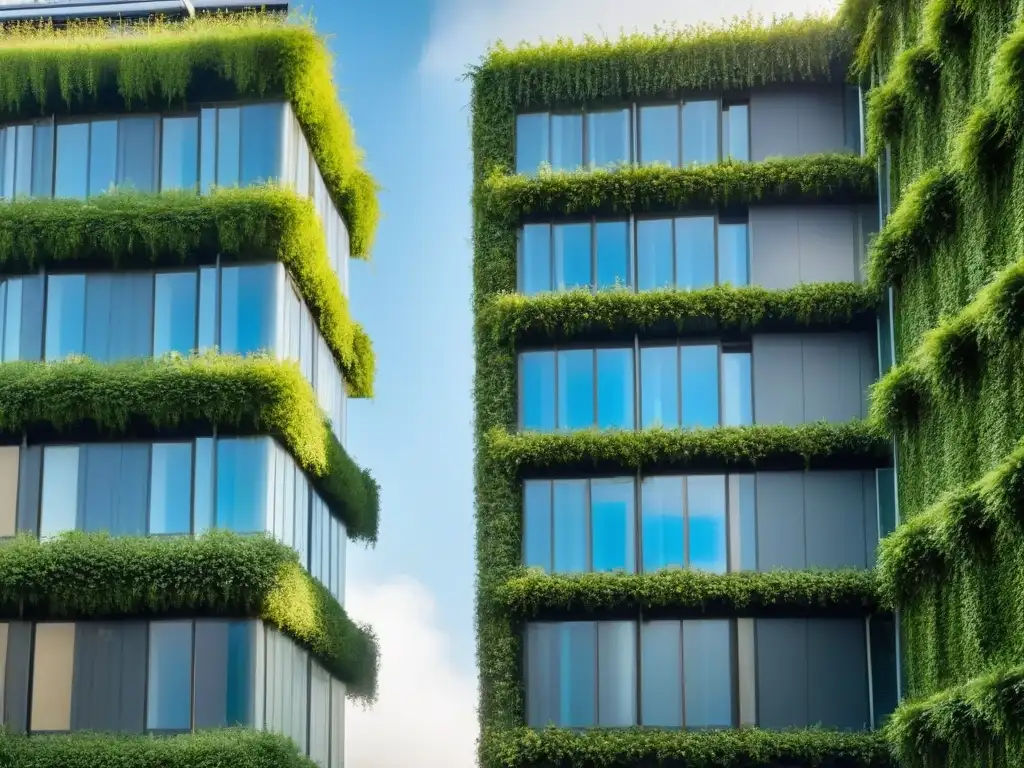 Edificio verde: arquitectura sostenible en armonía con la naturaleza Edificio verde moderno rodeado de vegetación, paneles solares y jardín vertical, en armonía con la naturaleza