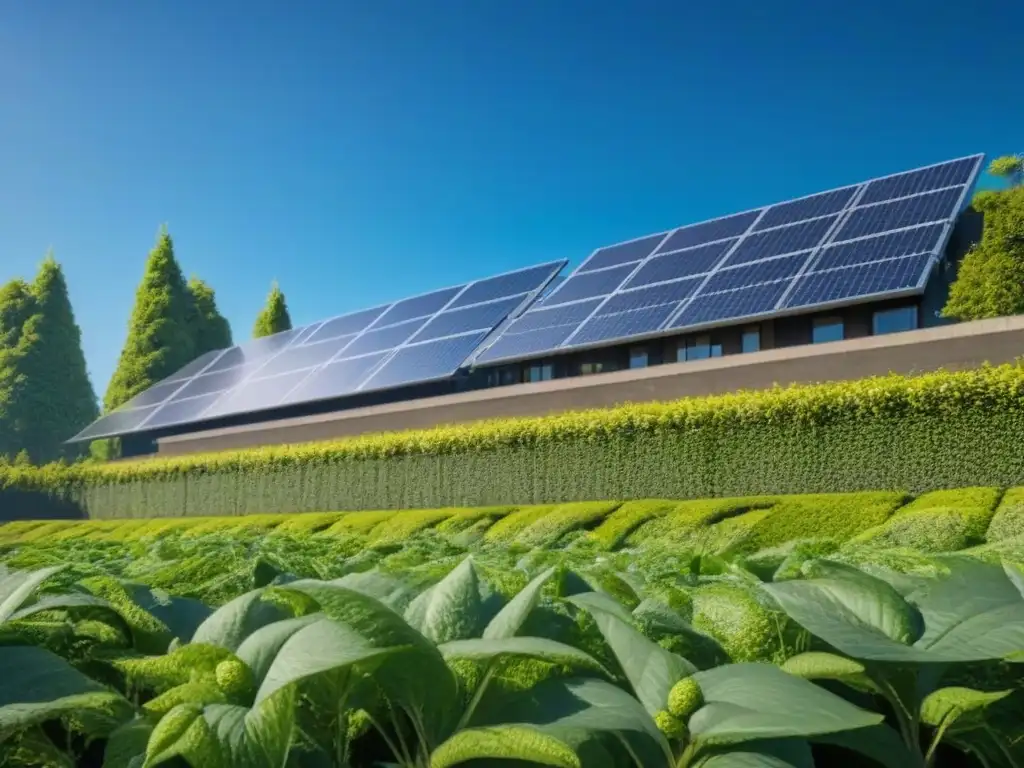 Construcción sostenible: edificio verde con paneles solares Un edificio verde con paneles solares rodeado de naturaleza