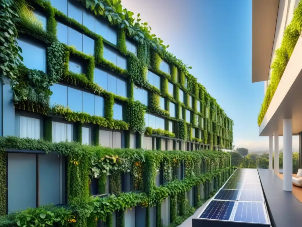 Edificio verde de vanguardia: sostenibilidad y ecoeficiencia Edificio verde con paneles solares, jardines verticales y sistema de recolección de agua de lluvia