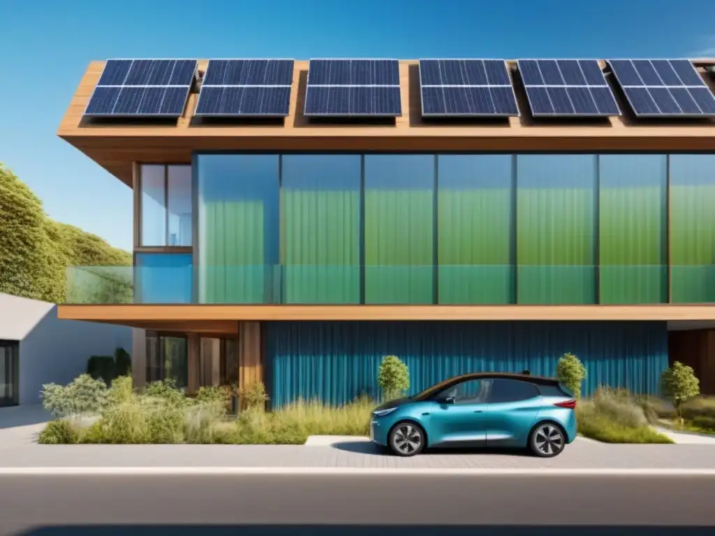 Edificio verde: sostenibilidad moderna en armonía con la naturaleza Edificio verde con paneles solares, rodeado de naturaleza, personas en camino sostenible