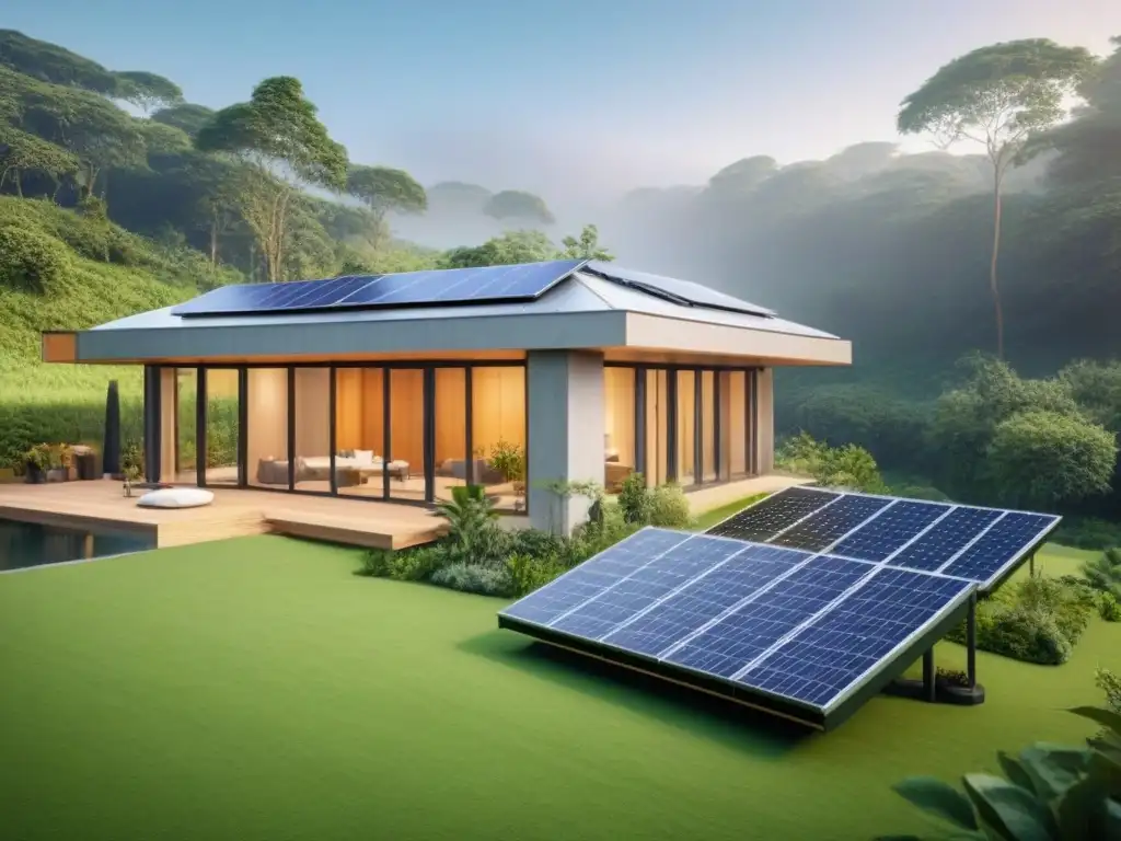 Diseño eco-sostenible: edificio verde con paneles solares y jardines Edificio verde sostenible: diseño moderno con elementos ecofriendly y armonía con la naturaleza