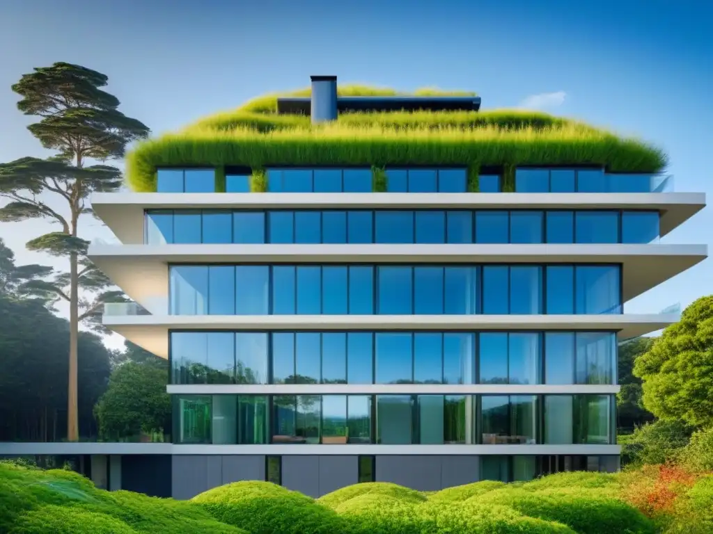 Futurista edificio verde con diseño sostenible innovador Un edificio verde ultramoderno sorprendente con diseño sostenible innovador