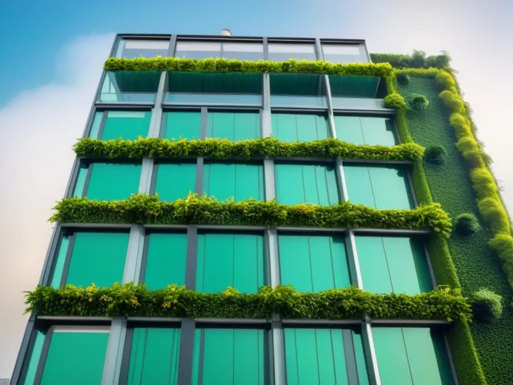 Edificio verde futurista: sostenibilidad y elegancia urbana Edificio verde con jardín vertical y paneles solares, reflejando la naturaleza
