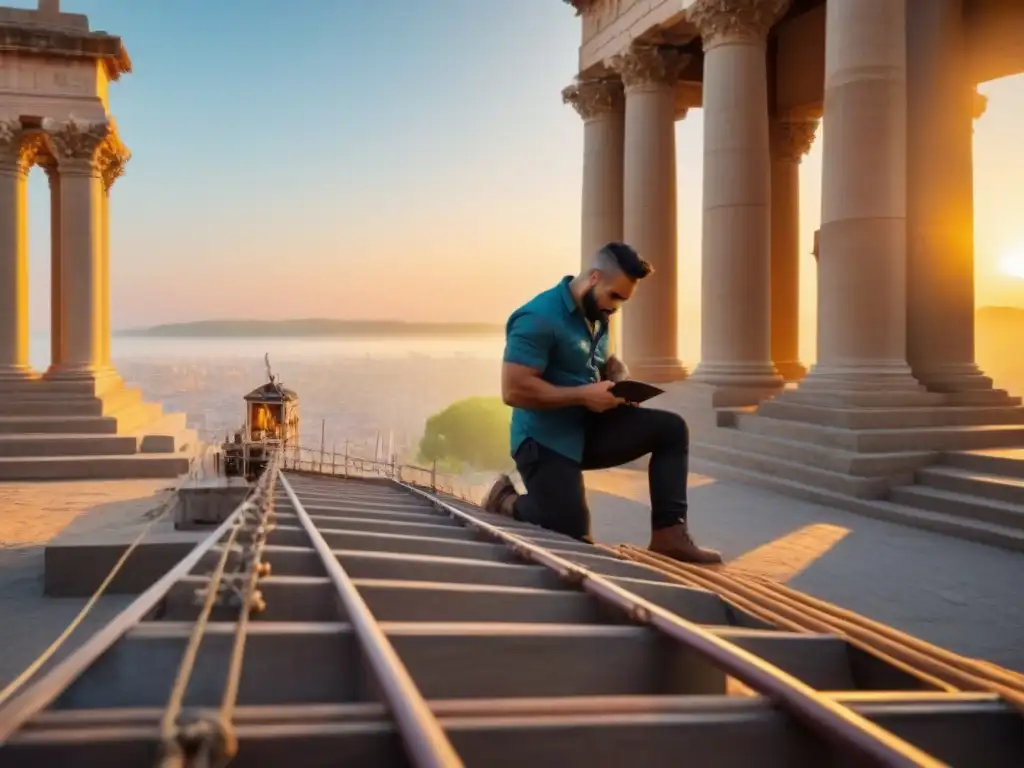 Restauración meticulosa de edificio antiguo al atardecer Restauración edificios históricos: artesanos restaurando detalles arquitectónicos con destreza al atardecer