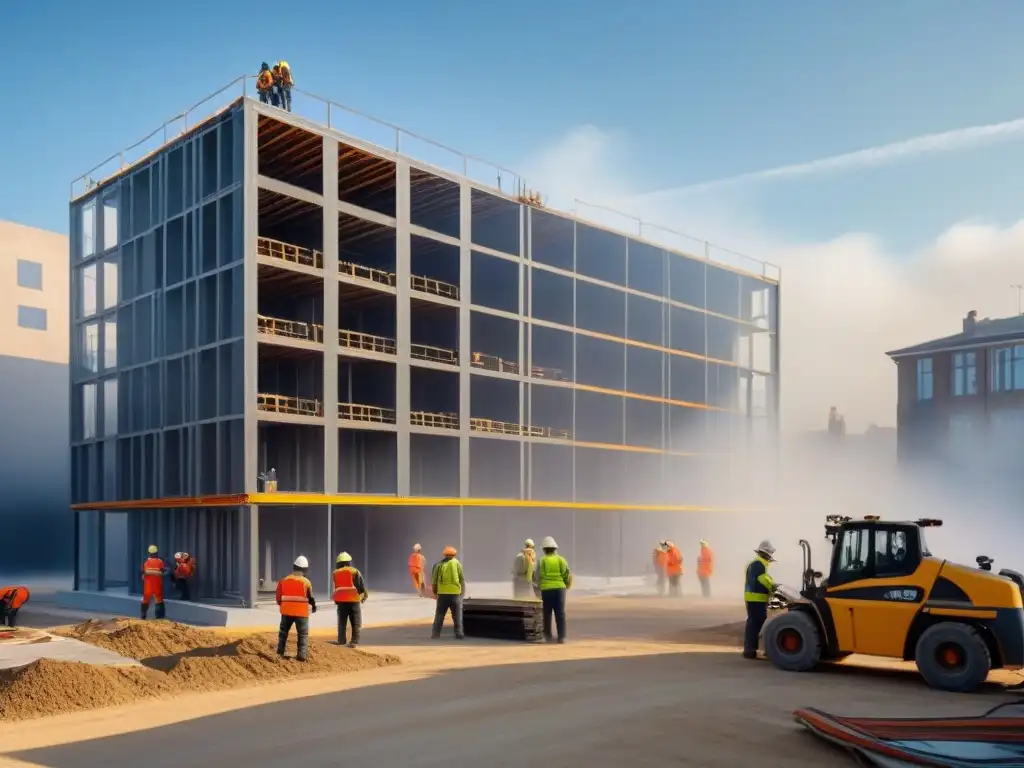 Construcción modular eficiente en la ciudad: innovación sostenible Eficiencia y rapidez en soluciones prefabricadas para restauración inmuebles, con trabajadores construyendo moderno edificio modular en la ciudad