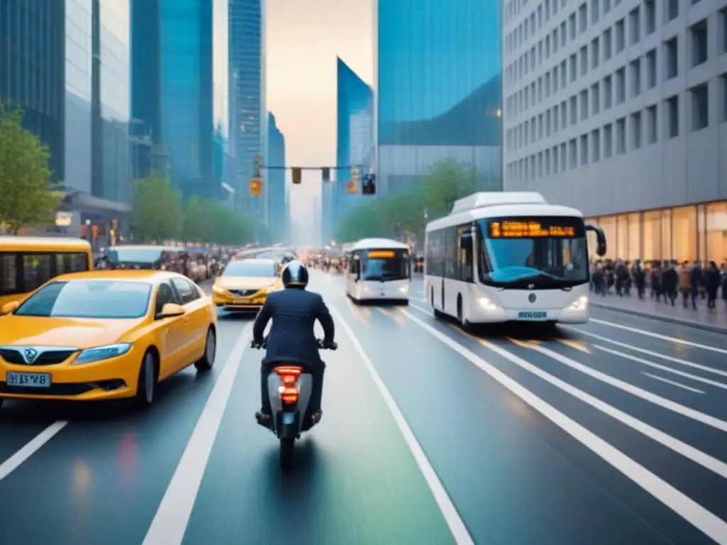 Tráfico urbano eficiente: buses, scooters y ciclistas en armonía Eficiente movilidad urbana en propiedades: escena bulliciosa de una ciudad moderna con autobuses, scooters eléctricos y ciclistas en calles dedicadas