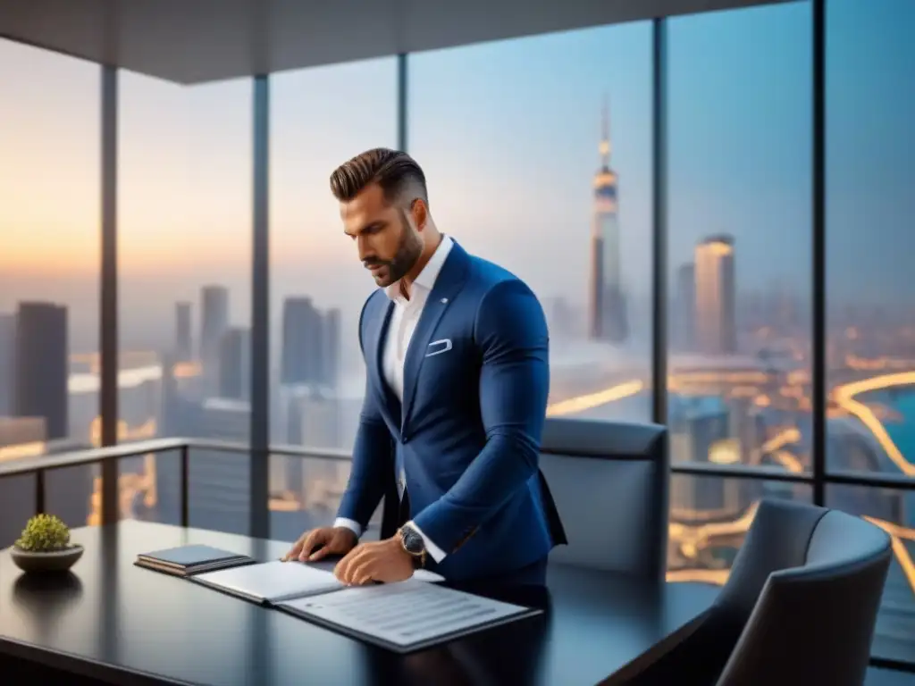 Oficina moderna de lujo: experto en inversiones inmobiliarias online Un ejecutivo revisando documentos legales en una oficina lujosa con vista a la ciudad