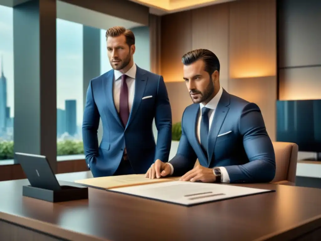 Negociación de lujo: expertos en inmobiliaria Dos ejecutivos negociando un contrato inmobiliario de lujo en una oficina elegante