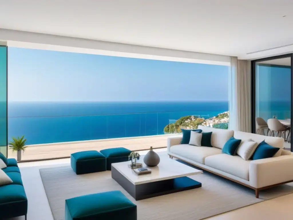 Apartamento de lujo con vistas al mar Mediterráneo en España Elegante apartamento con vistas al mar Mediterráneo, ventanales, sala de estar abierta, cocina moderna, balcón panorámico