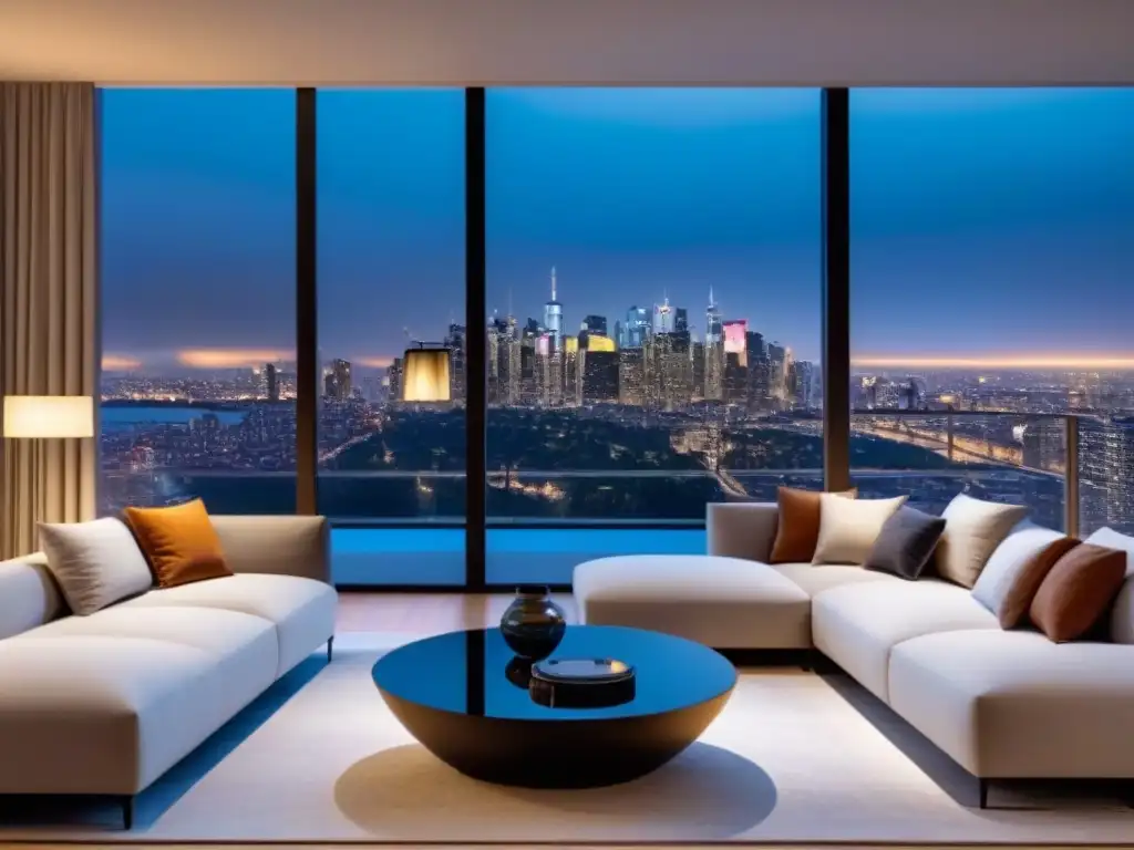 Penthouse de lujo con vistas nocturnas a la ciudad Un elegante ático moderno con ventanales de piso a techo y vista a la ciudad de noche