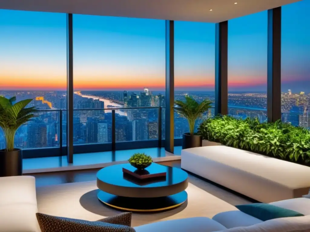 Penthouse de lujo con vista a la ciudad al atardecer Un elegante ático moderno con vista a la ciudad al atardecer, con ventanales y terraza, ideal para Networking para profesionales inmobiliarios de lujo