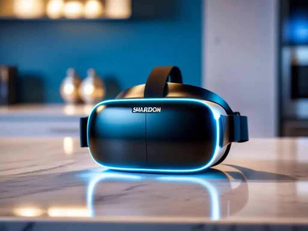 Headset de realidad virtual futurista en mármol con iluminación dramática Un elegante auricular de realidad virtual futurista en un mostrador de mármol iluminado con luz suave azul, reflejando innovación