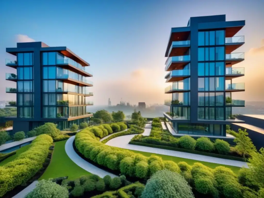 Complejo de apartamentos modernos de lujo en ciudad vibrante Un elegante complejo de apartamentos modernos con diseño arquitectónico impecable, rodeado de exuberante vegetación y terrazas en la azotea