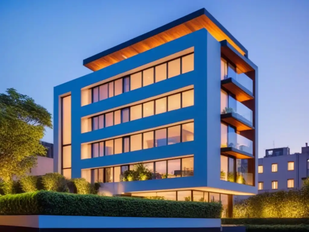 Condominio de lujo en CDMX: arquitectura moderna y elegancia urbana Elegante complejo de condominios en CDMX, con diseño arquitectónico moderno y vegetación integrada, iluminado cálidamente