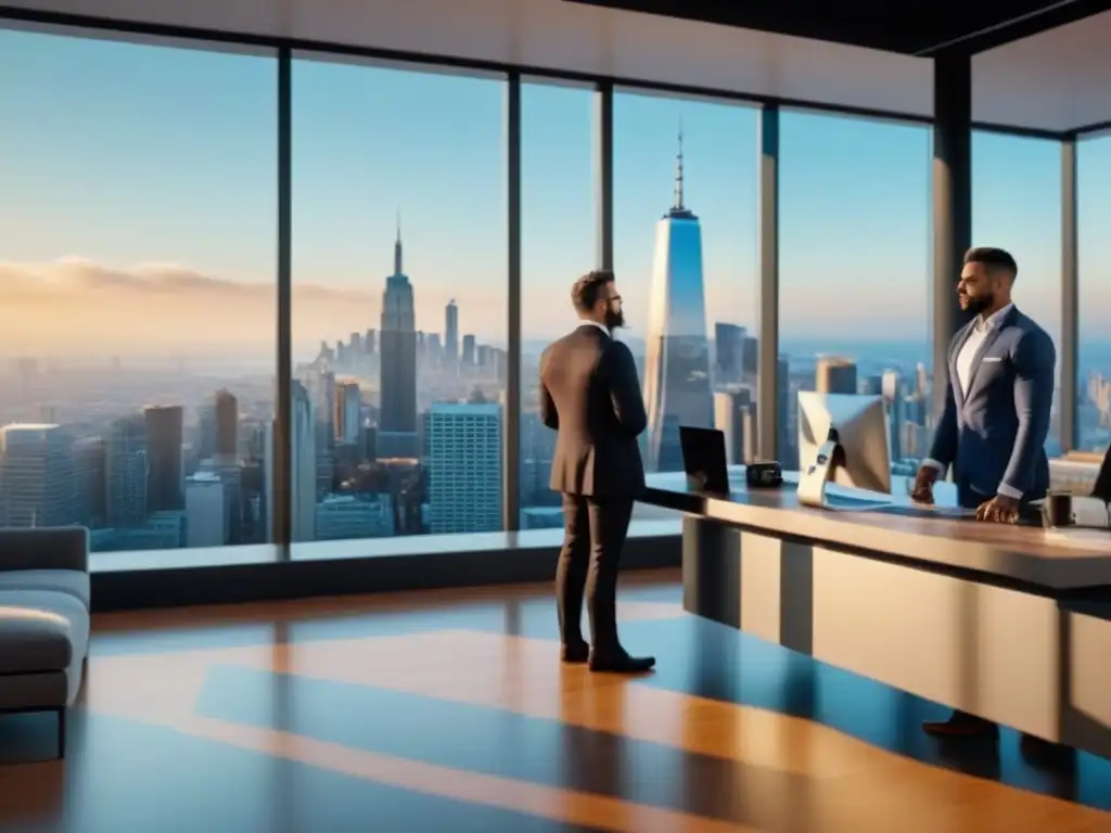 Oficina inmobiliaria moderna en 8k con diversidad y tecnología Un elegante despacho inmobiliario con vistas a la ciudad