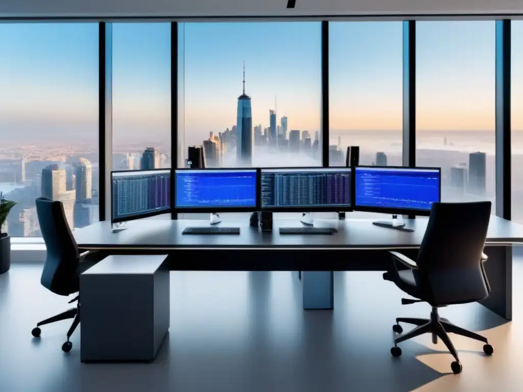 Oficina de lujo con vista a la ciudad y trading desk moderno Un elegante despacho con vista a la ciudad, un escritorio de trading con monitores mostrando datos financieros en tiempo real