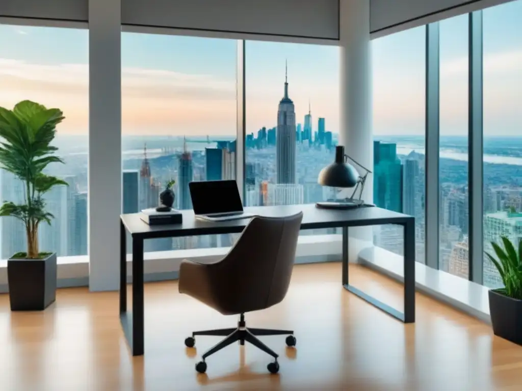 Oficina de lujo con vista a la ciudad: diseño moderno y elegante Un elegante despacho con vista a la ciudad y tecnología sofisticada, ideal para estrategias de rebalanceo portafolio inmobiliario